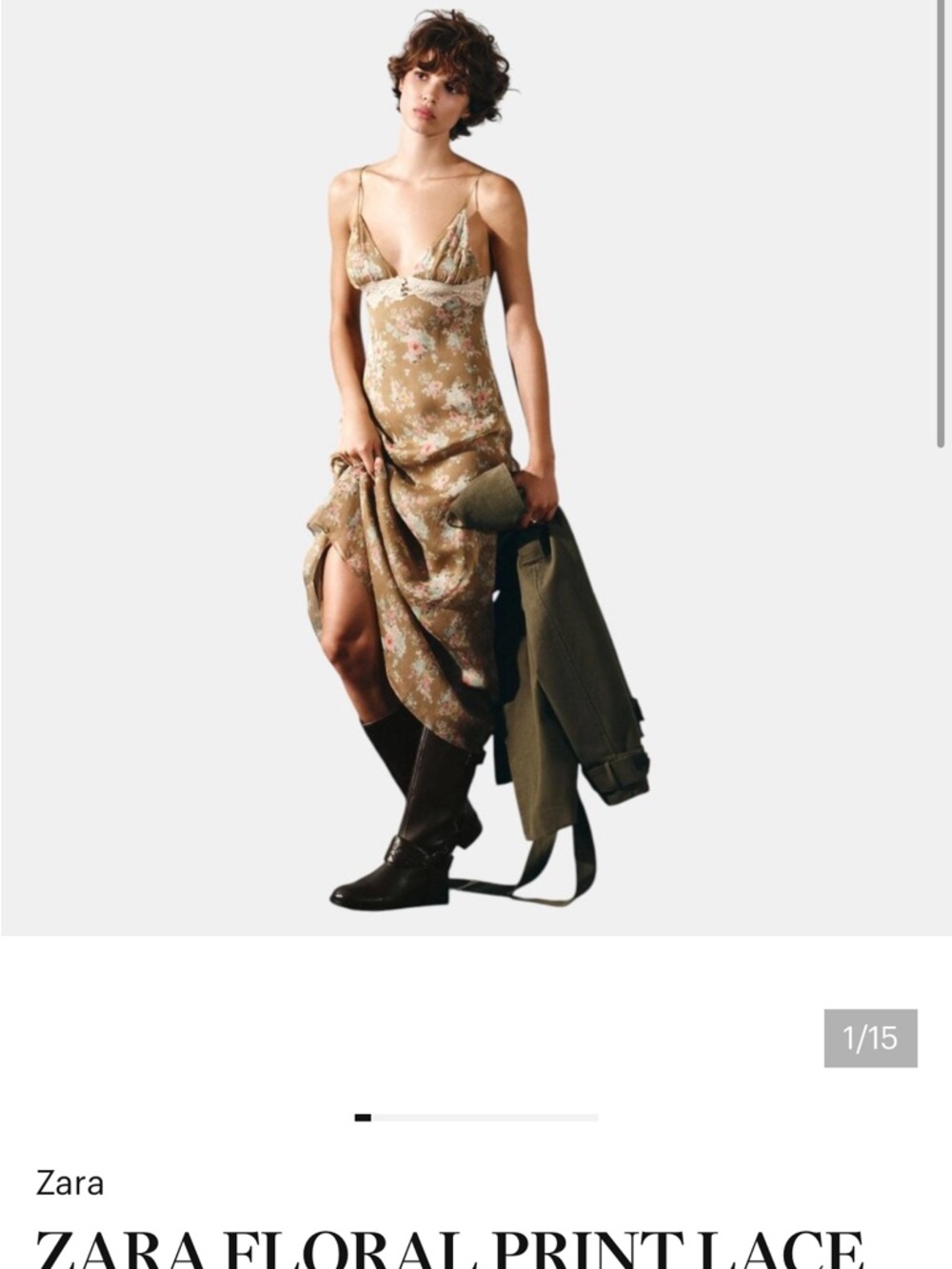 Zara Khaki Floral Lace Slip Dress